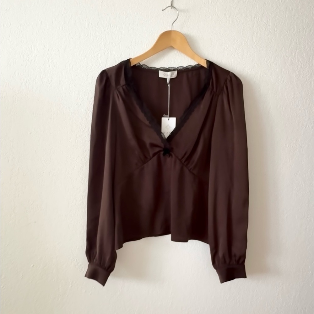 WAYF Lace Trim Long Sleeve Blouse